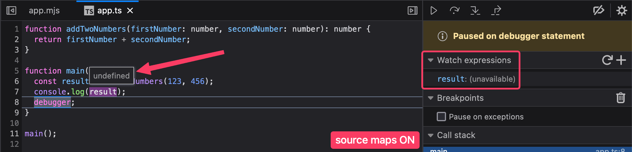 Screenshot of the Firefox debugger with source maps on